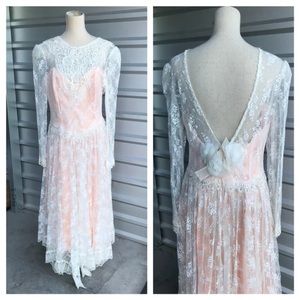 80s VTG Jessica McClintock Bridal Lace Dress Cottagecore Deep V Back